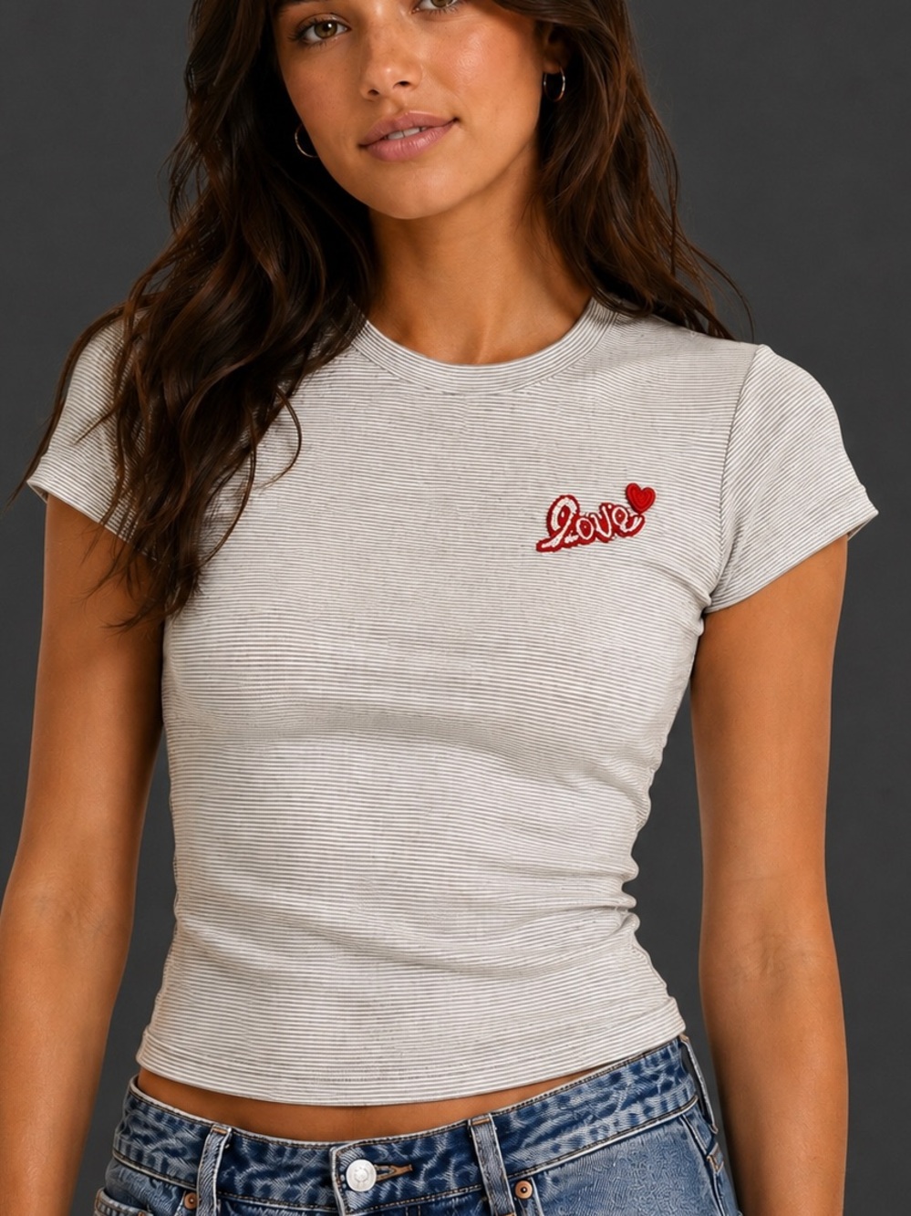 Cynthia Rowley White Micro-Striped Crewneck Tee with Red 'Love' Heart